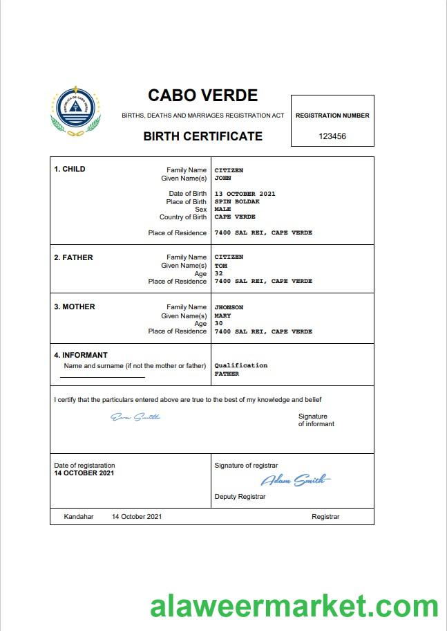Cabo Verde vital record birth certificate Word and PDF template